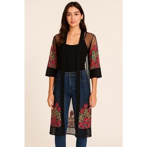 Boho Sheer Black Mesh Embroidered‎ Kimono Duster Floral Festival Cardigan OS